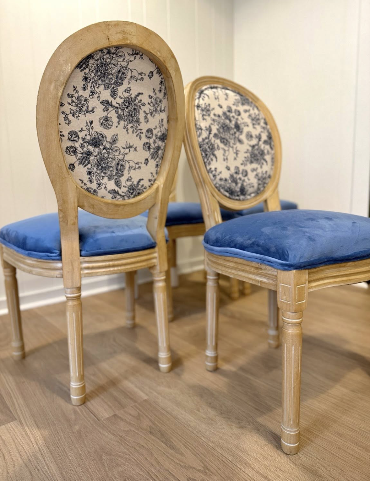 Pair of Louis-style dining chairs reupholstered in toile and blue velvet